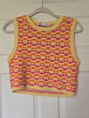 Zara Yellow Knit Crop Tank with Pink & Orange Accents  Small